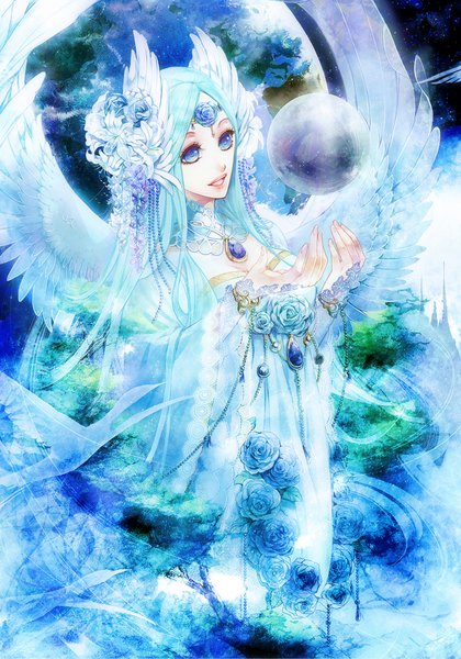 Anime picture 680x971 with original tottome single long hair tall image blue eyes smile blue hair looking away parted lips fingernails aqua hair wide sleeves angel wings head wings white wings girl dress hair ornament flower (flowers)