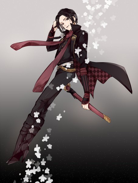 Anime picture 1250x1650 with touken ranbu nitroplus kashuu kiyomitsu syubare single long hair tall image looking at viewer black hair simple background smile full body grey background high heels gradient background low ponytail hand on head checkered boy weapon