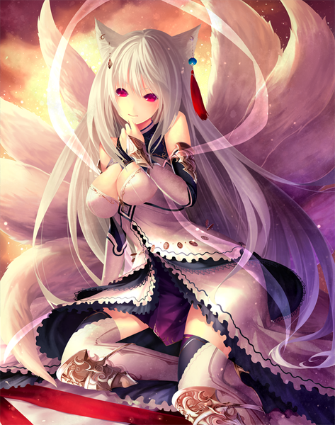 Anime picture 630x800 with original aruku single long hair tall image looking at viewer blush fringe breasts light erotic smile large breasts sitting bare shoulders animal ears cleavage bent knee (knees) white hair tail animal tail