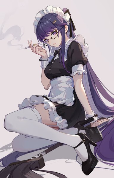 Anime picture 2000x3128 with original lance (lancelliu) single tall image highres simple background sitting purple eyes purple hair ponytail very long hair arm support maid high heels smoke girl thighhighs uniform white thighhighs glasses