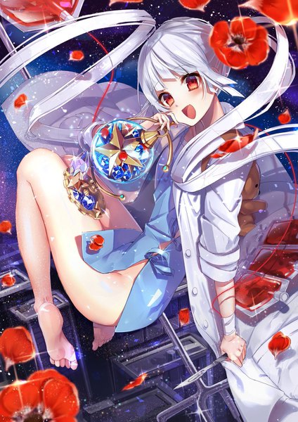 Anime picture 1024x1448 with original tyanotya single tall image open mouth light erotic red eyes twintails silver hair full body very long hair barefoot sparkle no panties girl flower (flowers) petals blood toy stuffed animal