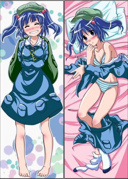 Anime picture 1000x1395 with touhou kawashiro nitori train 90 long hair tall image blush breasts open mouth blue eyes light erotic smile twintails bare shoulders blue hair barefoot multiview dakimakura (medium) girl skirt hair ornament