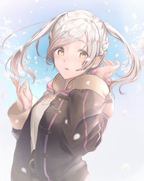 Anime picture 1635x2048 with fire emblem fire emblem awakening nintendo robin (fire emblem) robin (fire emblem) (female) snk anm single long hair tall image looking at viewer blush fringe open mouth twintails signed yellow eyes payot sky cleavage silver hair