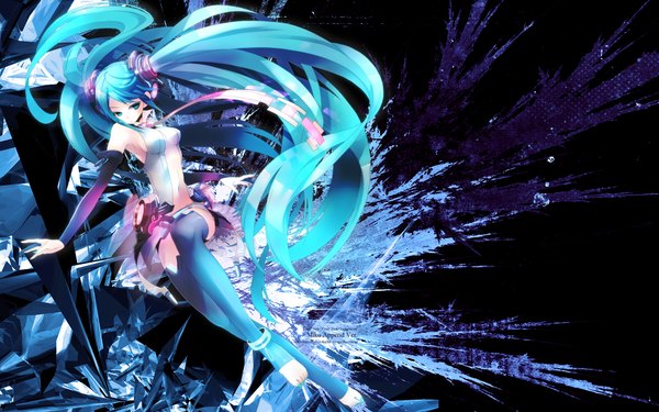 Anime picture 1920x1200 with vocaloid vocaloid append hatsune miku hatsune miku (append) plastick single highres wide image twintails very long hair nail polish aqua eyes aqua hair girl gloves detached sleeves necktie partly fingerless gloves