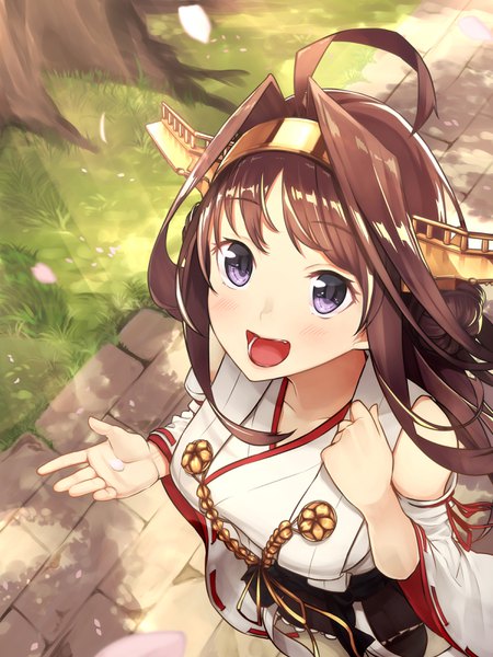 Anime-Bild 2400x3200 mit kantai collection kongou battleship baffu single long hair tall image blush highres open mouth smile brown hair standing purple eyes bare shoulders holding ahoge outdoors long sleeves :d japanese clothes