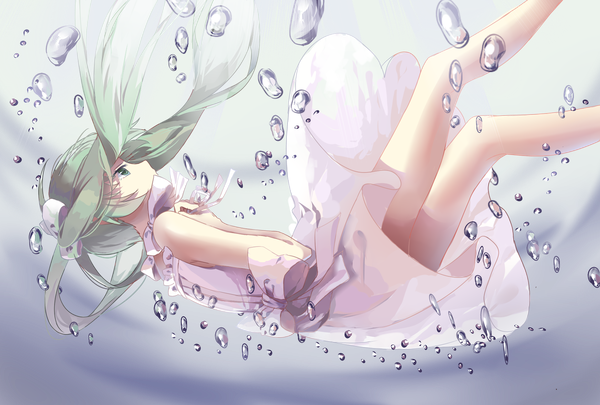 Anime picture 1748x1181 with vocaloid hatsune miku hitomi95 single long hair highres twintails bare shoulders green eyes profile green hair legs looking up underwater falling girl dress white dress bubble (bubbles)
