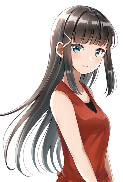 Anime picture 2508x3707 with love live! sunshine!! sunrise (studio) love live! kurosawa dia sin (sin52y) single long hair tall image looking at viewer blush fringe highres breasts blue eyes black hair simple background smile standing white background bare shoulders