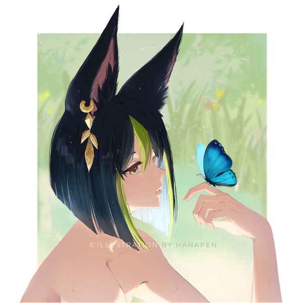 Anime picture 1190x1191 with genshin impact tighnari (genshin impact) hanapen single tall image fringe short hair black hair hair between eyes bare shoulders signed animal ears looking away upper body multicolored hair streaked hair border colored inner hair outside border multicolored eyes