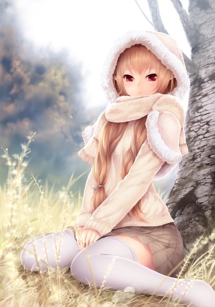 Anime-Bild 1200x1714 mit original cait single long hair tall image looking at viewer blonde hair red eyes pointy ears girl thighhighs skirt plant (plants) white thighhighs tree (trees) scarf hood sweater grass