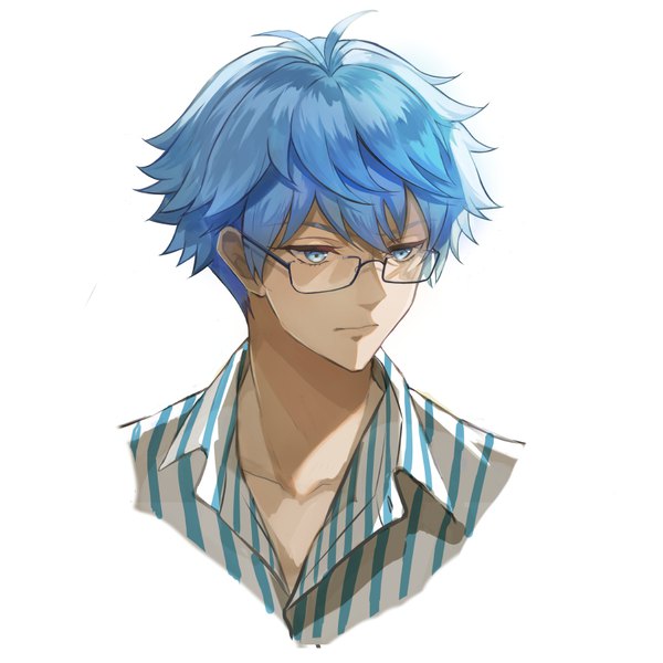 Anime picture 900x900 with fate (series) fate/grand order hans christian andersen (fate) hans christian andersen (adult) (fate) touchika single short hair blue eyes simple background white background blue hair looking away portrait boy shirt glasses striped shirt