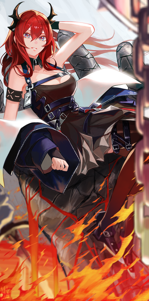 Anime picture 1486x3000 with arknights surtr (arknights) tokishima sikuka single long hair tall image looking at viewer fringe blue eyes hair between eyes cleavage red hair horn (horns) arm behind head girl dress black dress chain fire infection monitor (arknights)