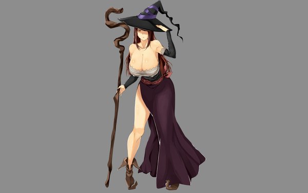 Anime picture 4000x2500 with dragon's crown vanillaware sorceress (dragon's crown) single long hair highres breasts light erotic simple background brown hair brown eyes cleavage grey background huge breasts witch girl dress hat detached sleeves witch hat