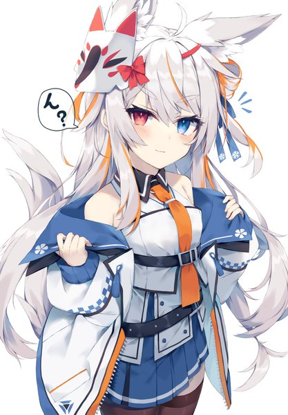 Anime-Bild 1738x2500 mit original nibiiro shizuka single long hair tall image looking at viewer blush fringe highres blue eyes simple background red eyes standing white background bare shoulders holding animal ears payot silver hair ahoge