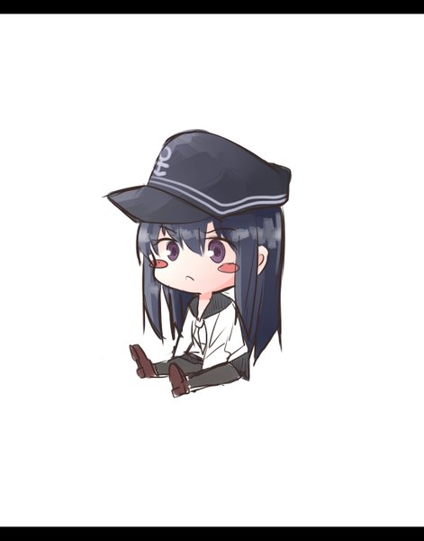 Anime picture 1100x1400 with kantai collection akatsuki destroyer re rally single long hair tall image blush fringe black hair simple background hair between eyes white background sitting purple eyes looking away letterboxed chibi frown >:( girl