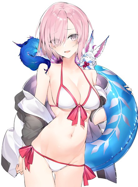 Anime picture 842x1136 with fate (series) fate/grand order mash kyrielight fou (fate) mash kyrielight (swimsuit of perpetual summer) hayashi kewi single tall image looking at viewer blush fringe short hair breasts open mouth light erotic simple background white background holding yellow eyes pink hair