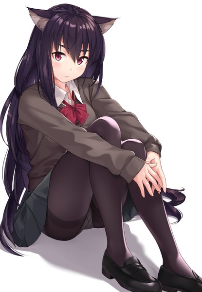 Anime picture 1771x2559 with original sawada yuusuke single long hair tall image looking at viewer blush fringe highres light erotic black hair simple background hair between eyes white background purple eyes animal ears full body long sleeves pleated skirt cat ears