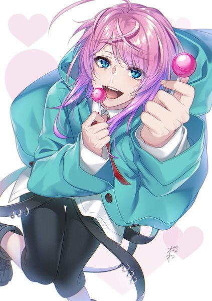 Anime picture 776x1100 with hypnosis mic amemura ramuda suzuka nene single long hair tall image looking at viewer open mouth blue eyes signed pink hair ahoge :d from above open jacket teeth boy food jacket heart