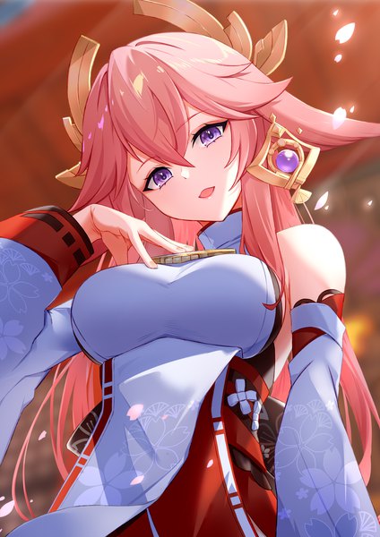 Anime picture 1447x2046 with genshin impact yae miko tyenka7728 single long hair tall image fringe open mouth hair between eyes purple eyes animal ears pink hair upper body from below fox ears hand on chest girl detached sleeves petals