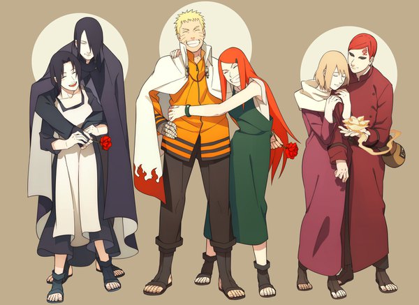 Anime picture 1500x1094 with naruto studio pierrot naruto (series) uzumaki naruto uchiha sasuke gaara uzumaki kushina uchiha mikoto karura (naruto) oba-min long hair fringe short hair open mouth black hair blonde hair simple background smile standing holding