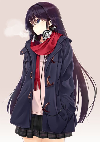 Anime picture 600x847 with original machimura komori single long hair tall image fringe black hair simple background looking away pleated skirt black eyes grey background exhalation hands in pockets girl skirt headphones scarf coat