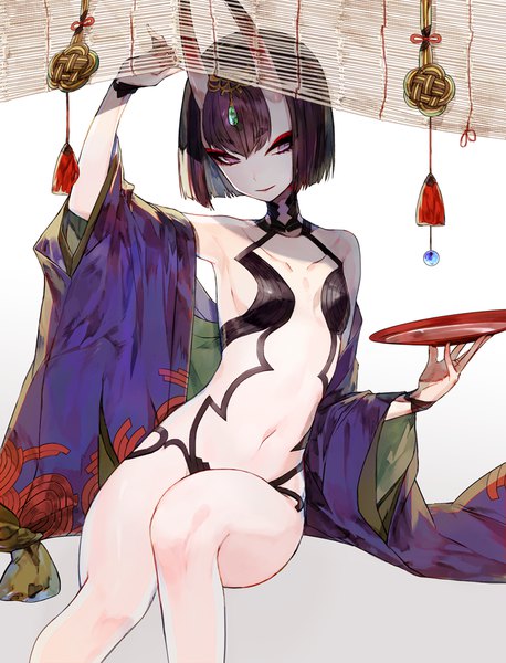 Anime picture 725x950 with fate (series) fate/grand order shuten douji (fate) mo (mocopo) single tall image fringe short hair light erotic sitting purple eyes holding looking away purple hair traditional clothes japanese clothes arm up horn (horns) eyeshadow oni horns