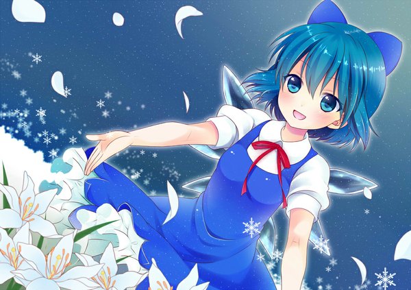 Anime picture 1000x706 with touhou cirno nekosugi (hoshi) single blush short hair open mouth blue eyes blue hair snow girl dress flower (flowers) bow hair bow petals wings snowflake (snowflakes)