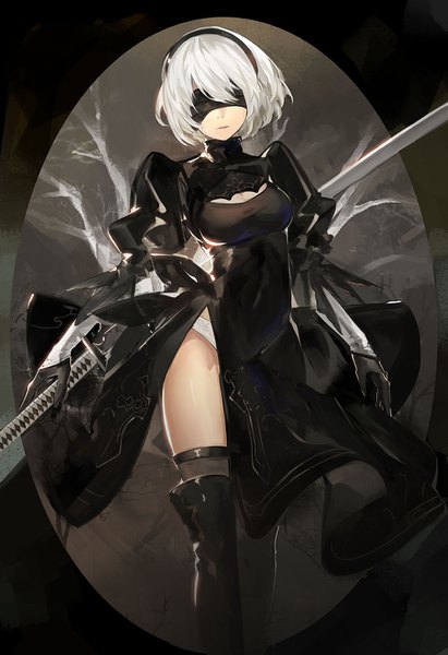 Anime picture 1000x1459 with nier nier:automata yorha no. 2 type b saberiii single tall image fringe short hair breasts light erotic standing white hair mole side slit mole under mouth covering eye (eyes) girl dress gloves weapon