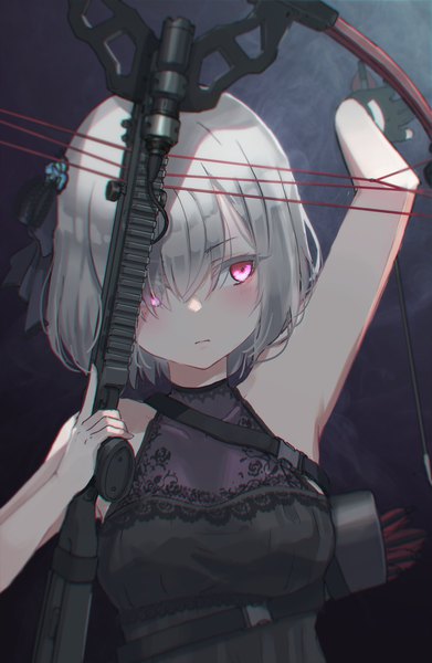 Anime picture 1533x2353 with original oota youjo single tall image blush fringe short hair breasts holding looking away upper body head tilt pink eyes arm up grey hair hair over one eye armpit (armpits) sleeveless dark background expressionless
