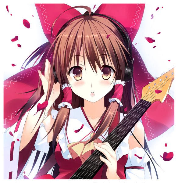 Anime picture 1417x1457 with touhou hakurei reimu mushroom (artist) single long hair tall image blush open mouth simple background brown hair white background brown eyes ahoge traditional clothes :o portrait hand on headphones girl bow hair bow