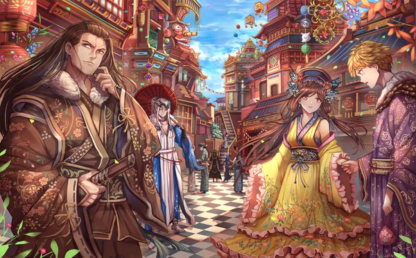 Anime picture 2000x1243 with thunderbolt fantasy lin xue ya dan fei shang bu huan juan can yun yougen kitsune long hair highres short hair open mouth smile red eyes brown hair wide image standing bare shoulders multiple girls holding brown eyes payot