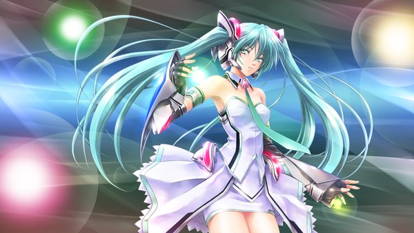 Anime picture 1920x1080 with vocaloid hatsune miku mid knight single long hair highres wide image twintails green hair girl necktie fingerless gloves
