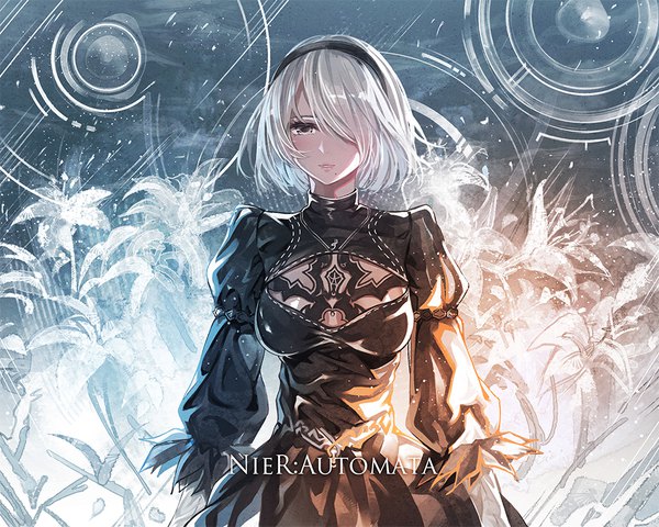 Anime picture 1000x800 with nier nier:automata yorha no. 2 type b yasuno (airy light) single looking at viewer fringe short hair breasts smile silver hair long sleeves hair over one eye mole puffy sleeves copyright name lipstick mole under mouth silver eyes pink lipstick