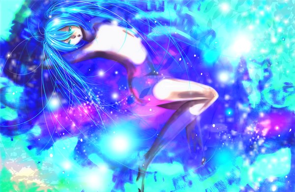 Anime picture 2562x1671 with vocaloid hatsune miku single long hair highres blue eyes twintails lying aqua hair girl