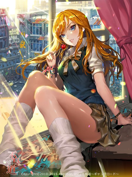 Anime picture 650x867 with furyou michi ~gang road~ tob single long hair tall image looking at viewer blush fringe blue eyes blonde hair smile sitting holding bent knee (knees) indoors head tilt pleated skirt sunlight sparkle copyright name