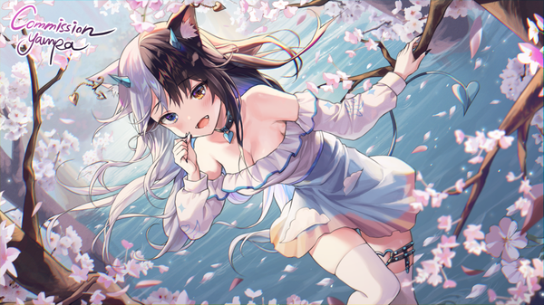 Anime picture 1422x800 with original yampa single long hair looking at viewer blush fringe breasts open mouth blue eyes black hair smile wide image large breasts standing bare shoulders signed animal ears yellow eyes sky