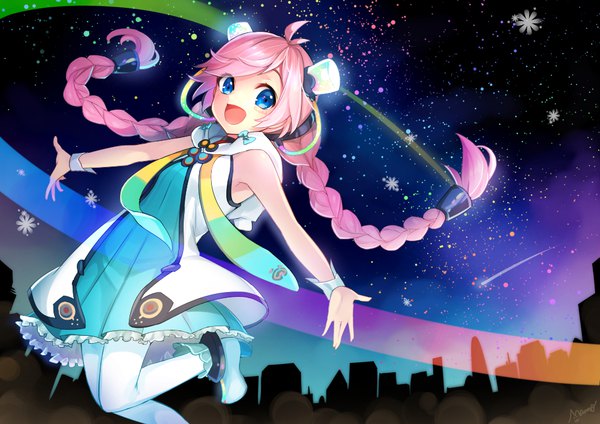 Anime-Bild 1000x707 mit vocaloid rana (vocaloid) mamo (fortune-mm) single long hair looking at viewer open mouth blue eyes signed pink hair ahoge bent knee (knees) braid (braids) :d sleeveless twin braids spread arms shooting star girl hair ornament