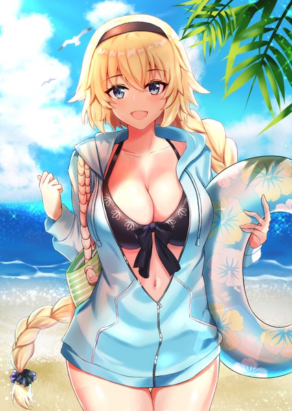 Anime picture 1447x2039 with fate (series) fate/grand order jeanne d'arc (fate) (all) jeanne d'arc (swimsuit archer) ltsum single long hair tall image looking at viewer blush fringe breasts open mouth blue eyes light erotic blonde hair smile hair between eyes large breasts standing