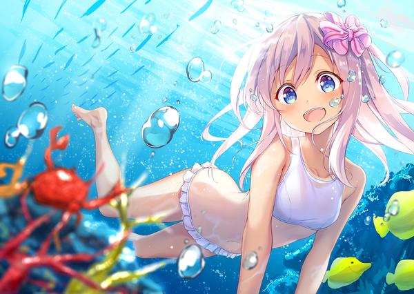 Anime picture 2000x1421 with kantai collection ro-500 submarine mafuyun single long hair blush highres open mouth blue eyes light erotic smile bare shoulders looking away pink hair full body :d barefoot happy underwater swimming