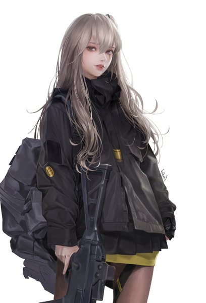 Anime picture 1920x2821 with girls frontline ump45 (girls frontline) liz son single long hair tall image looking at viewer fringe highres simple background blonde hair hair between eyes white background holding brown eyes parted lips lips realistic girl skirt