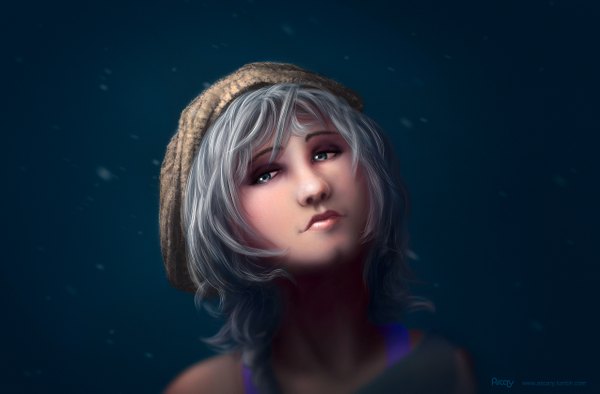 Anime picture 2550x1678 with original hikaruga single highres simple background green eyes looking away silver hair lips snowing blue background eyeshadow girl hat