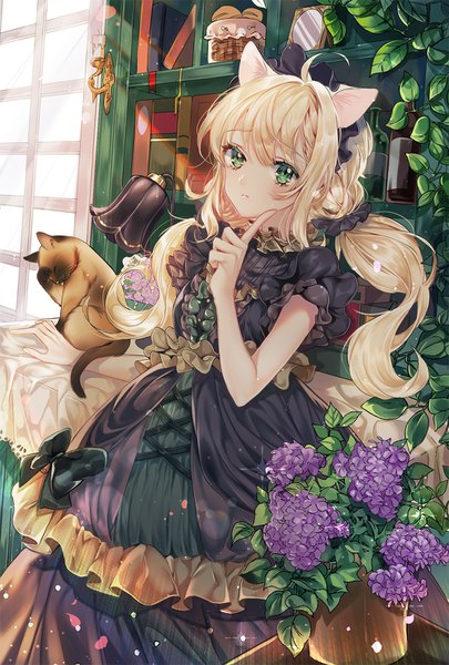 Anime picture 1000x1480 with original kimpeul single long hair tall image looking at viewer blonde hair twintails green eyes animal ears ahoge indoors lips sunlight cat ears low twintails lens flare girl dress flower (flowers)