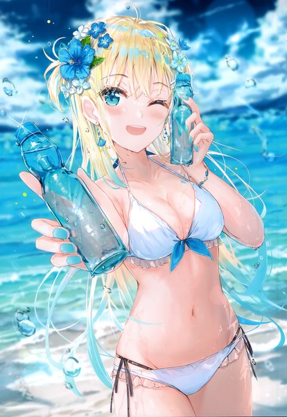 Anime picture 2405x3485 with original na kyo single long hair tall image looking at viewer blush fringe highres breasts open mouth blue eyes light erotic blonde hair smile standing holding sky cleavage cloud (clouds)