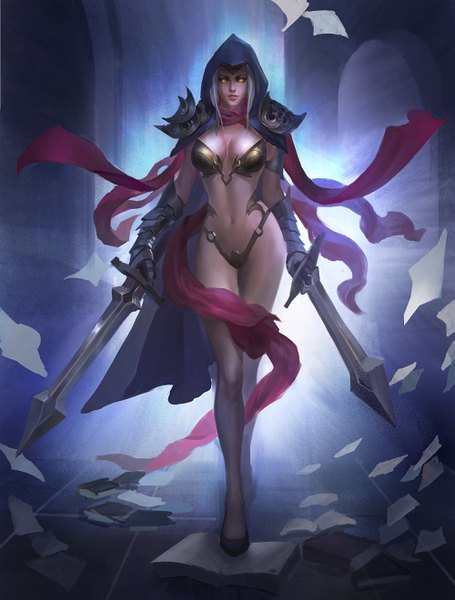 Anime-Bild 2000x2637 mit league of legends talon (league of legends) ch (yan22947) single tall image highres short hair breasts light erotic standing holding yellow eyes white hair walking dual wielding genderswap girl weapon sword scarf