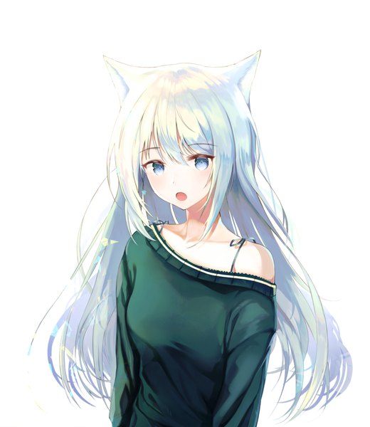 Anime picture 3000x3459 with original neiless neiro single long hair tall image looking at viewer blush fringe highres breasts open mouth simple background hair between eyes white background animal ears silver hair upper body long sleeves cat ears aqua hair