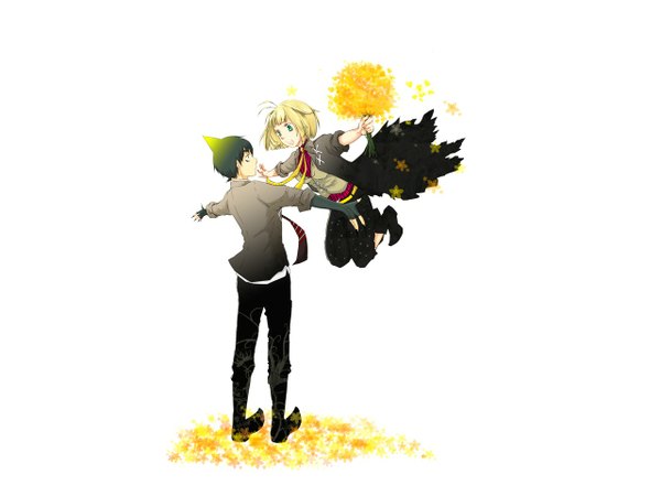 Anime picture 1280x960 with ao no exorcist a-1 pictures moriyama shiemi amaimon short hair open mouth simple background blonde hair white background green eyes green hair couple hug girl boy shirt necktie leaf (leaves) vest bouquet