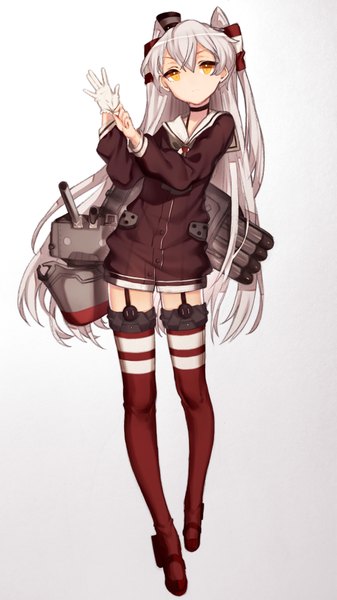 Anime picture 1161x2064 with kantai collection amatsukaze destroyer rensouhou-kun aya (547972106) single long hair tall image looking at viewer fringe simple background white background yellow eyes silver hair two side up zettai ryouiki walking girl gloves hat white gloves