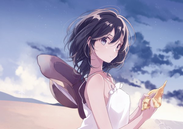 Anime-Bild 3508x2480 mit original umiko (munemiu) single looking at viewer fringe highres short hair black hair hair between eyes purple eyes bare shoulders holding absurdres sky cloud (clouds) upper body outdoors wind beach evening