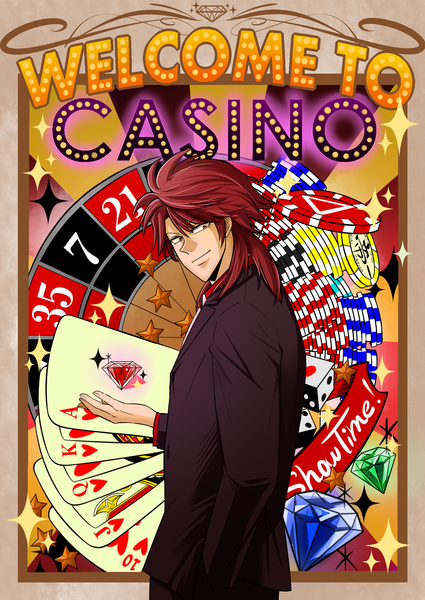 Anime picture 1300x1836 with ultimate survivor kaiji ichijou (kaiji) hiro (pixiv1798527) single long hair tall image red hair light smile inscription framed hand in pocket casino boy star (symbol) suit crystal card (cards) dice diamond (shape) roulette