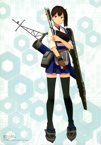 Anime picture 2857x4085 with kantai collection nyantype kaga aircraft carrier single tall image looking at viewer highres short hair brown hair brown eyes ponytail official art side ponytail girl thighhighs skirt black thighhighs armor arrow (arrows) breastplate