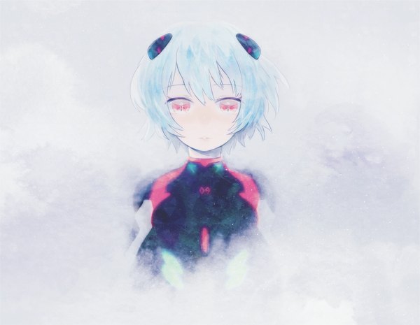 Anime picture 1137x883 with neon genesis evangelion gainax ayanami rei winumeri single looking at viewer short hair simple background red eyes blue hair grey background girl pilot suit